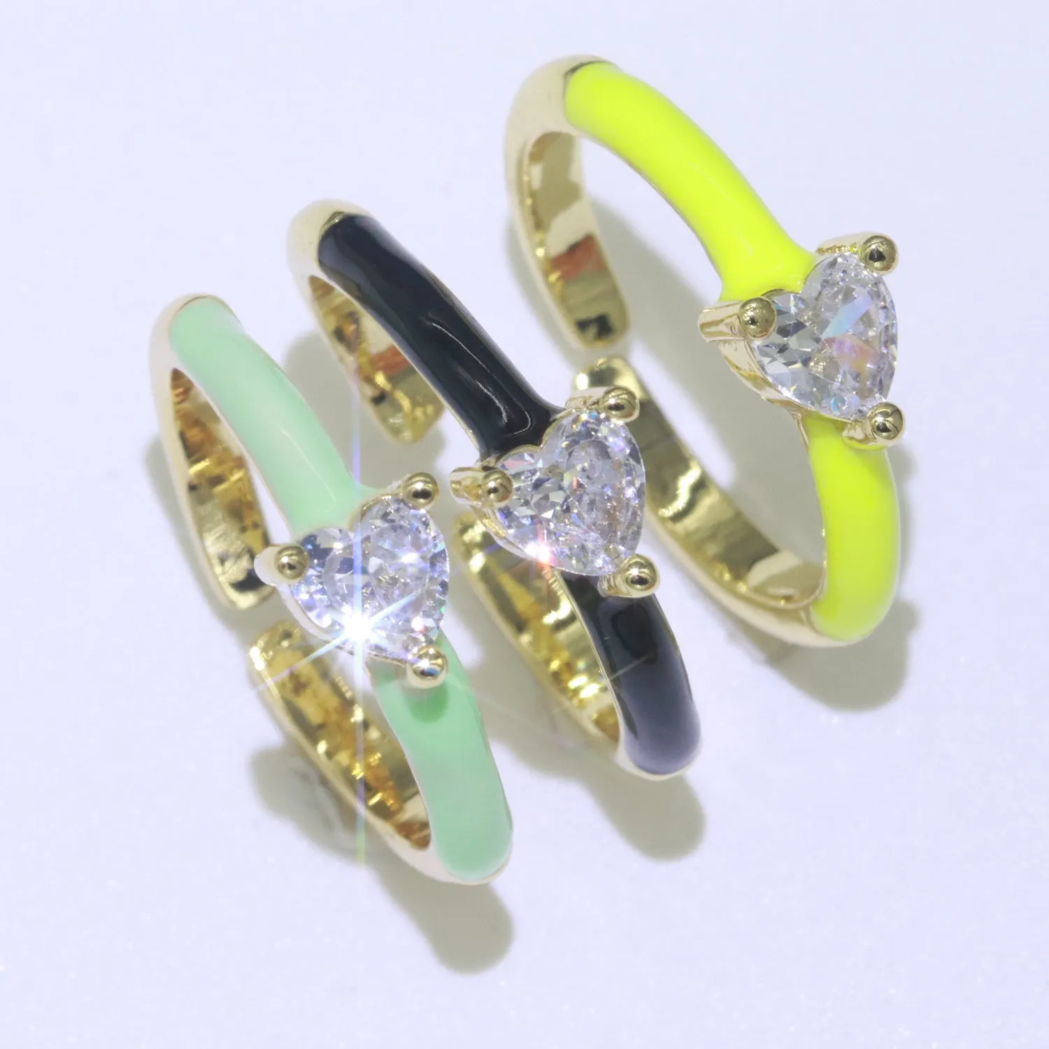 Heart Cz Ring Adjustable Gold Ring, Colorful Pastel Enamel Ring, Stackable Ring Black White Pink blue Green Ring for Women O-910~O-919