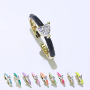 Heart Cz Ring Adjustable Gold Ring, Colorful Pastel Enamel Ring, Stackable Ring Black White Pink blue Green Ring for Women O-910~O-919