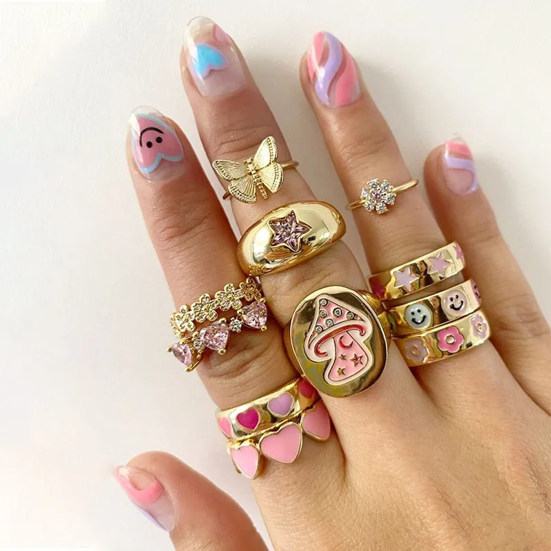 Heart Flower Rings for Women Metal Star Butterfly Harajuku Vintage Letter Rings Y2k Jewelry