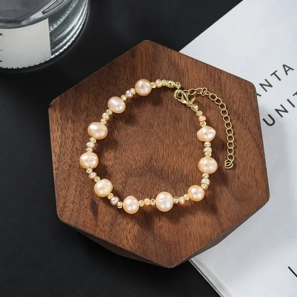 HUANZHI 1 Korean New Round Buckle Heart-shaped Natural Pearl Gold Plating Bracelets for Women Girls Party Jewelry Gifts