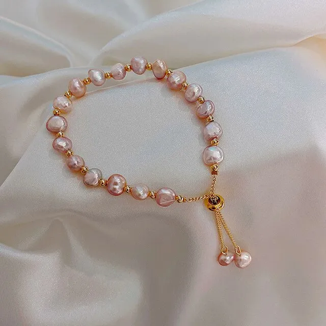 HUANZHI 1 Korean New Round Buckle Heart-shaped Natural Pearl Gold Plating Bracelets for Women Girls Party Jewelry Gifts