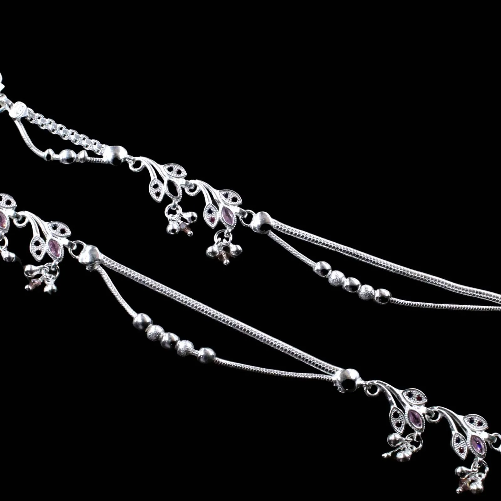 Indian Designer Real Silver Payal Women CZ Anklets Ankle Pair 10.5"