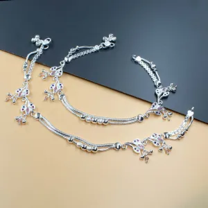 Indian Designer Real Silver Payal Women CZ Anklets Ankle Pair 10.5"