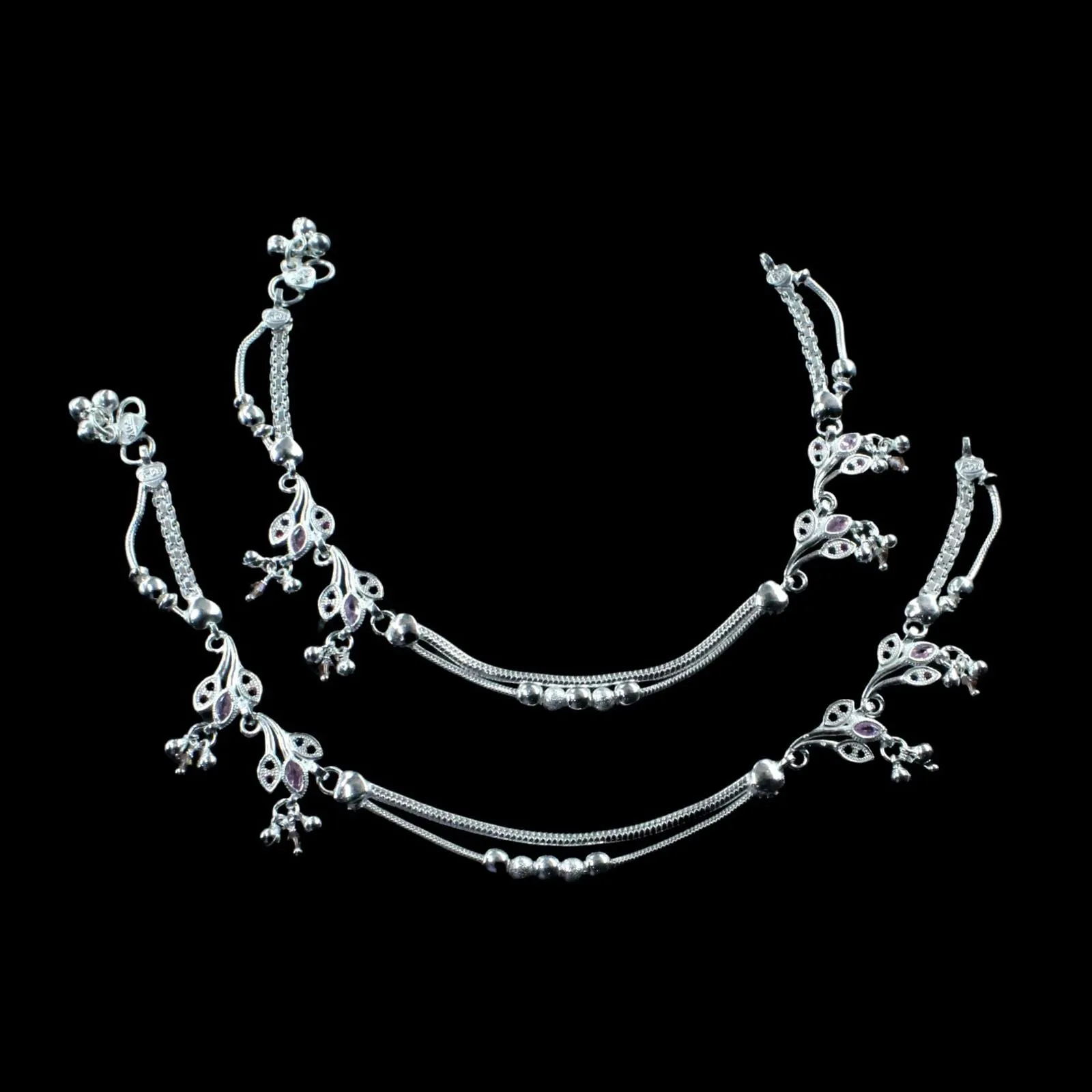 Indian Designer Real Silver Payal Women CZ Anklets Ankle Pair 10.5"