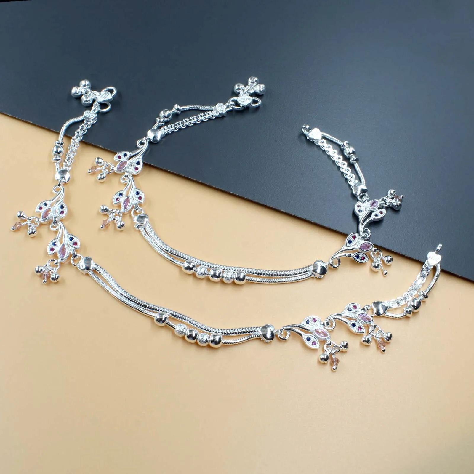 Indian Designer Real Silver Payal Women CZ Anklets Ankle Pair 10.5"