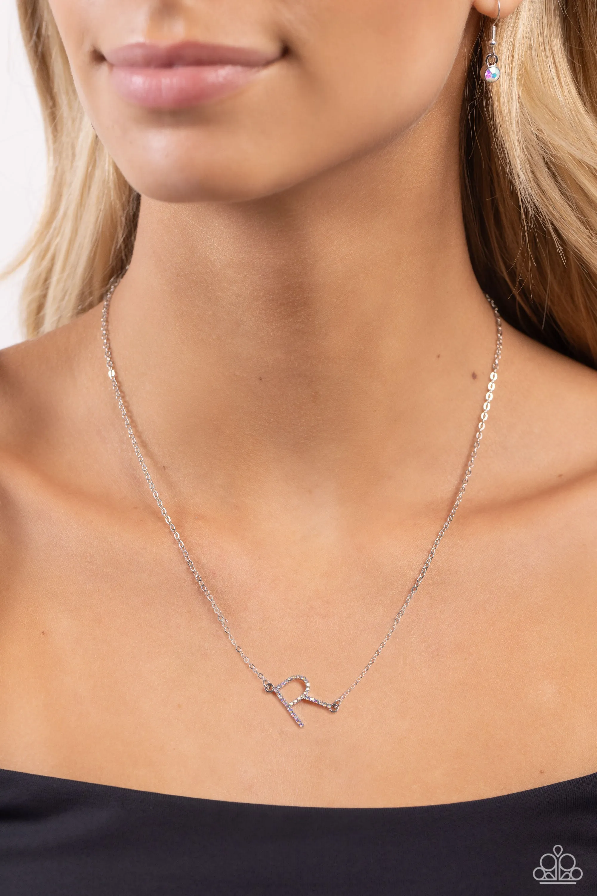 INITIALLY Yours - R - Multi Iridescent Rhinestone Letter Paparazzi Short Necklace