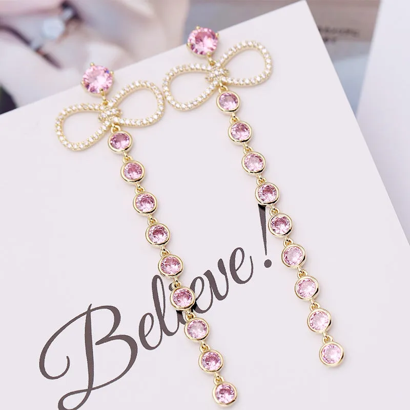 Jewelblings Elegant Ribbon and Long Round Cut Stones Long Tassel Drop Earrings Night Club Party Jewelry