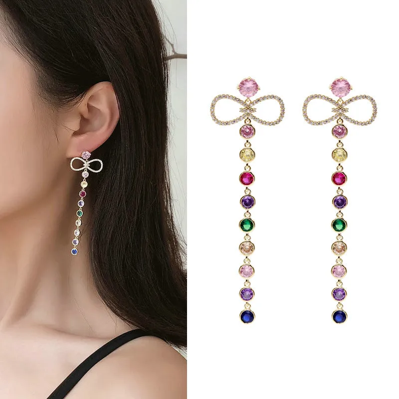 Jewelblings Elegant Ribbon and Long Round Cut Stones Long Tassel Drop Earrings Night Club Party Jewelry