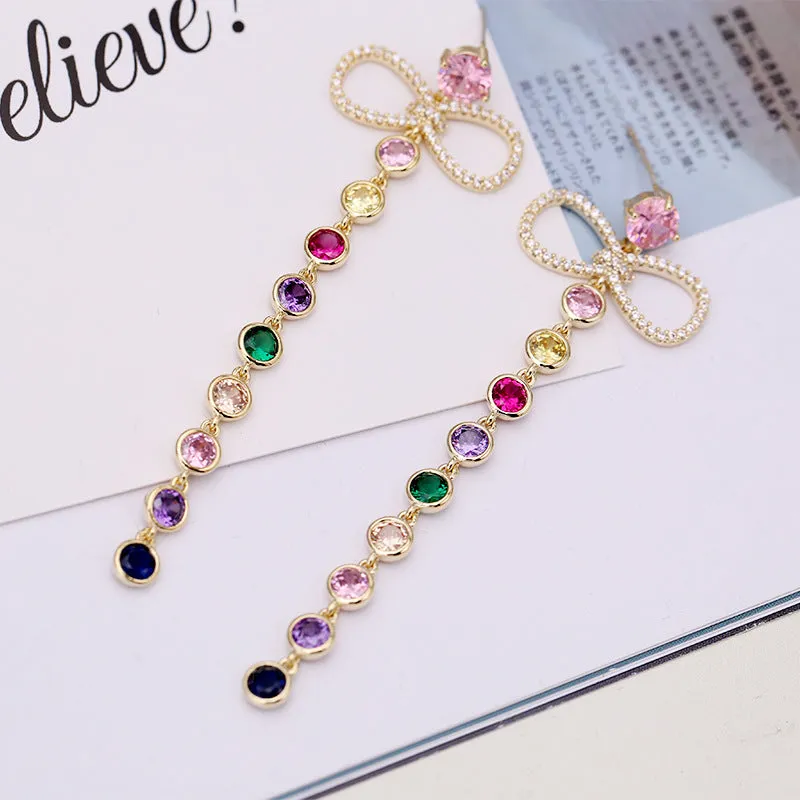 Jewelblings Elegant Ribbon and Long Round Cut Stones Long Tassel Drop Earrings Night Club Party Jewelry