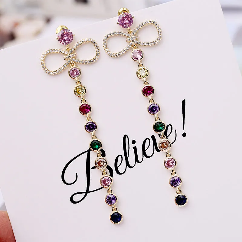 Jewelblings Elegant Ribbon and Long Round Cut Stones Long Tassel Drop Earrings Night Club Party Jewelry