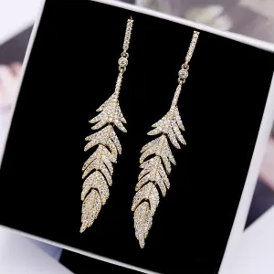Jewelblings Glitter CZ Long Feather Drop Earrings
