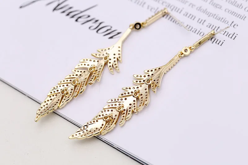Jewelblings Glitter CZ Long Feather Drop Earrings