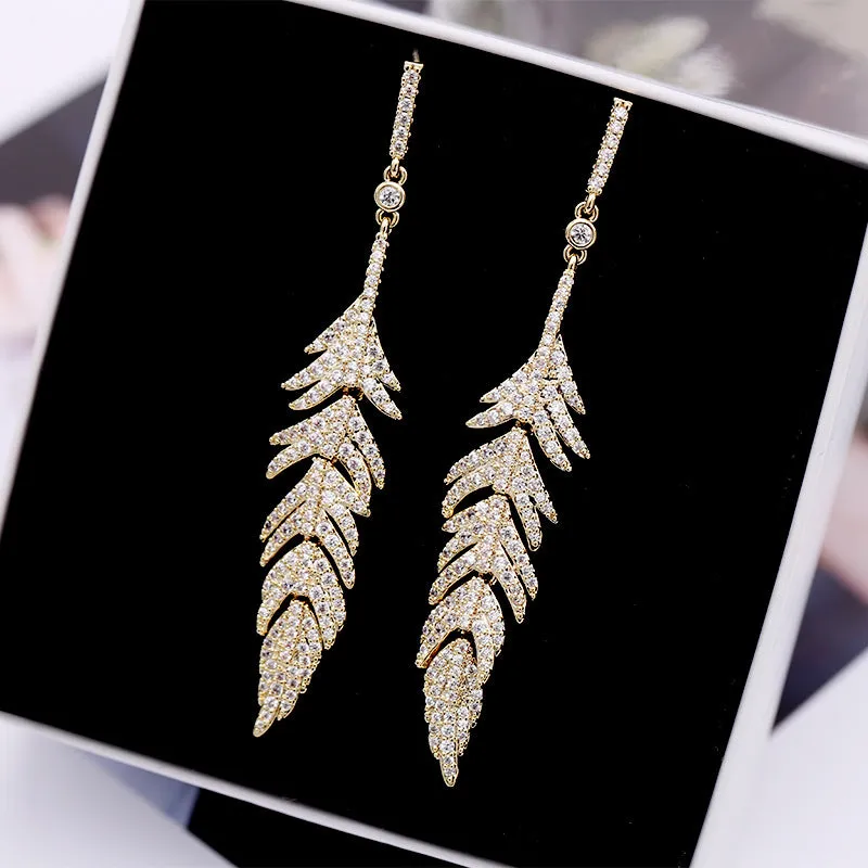 Jewelblings Glitter CZ Long Feather Drop Earrings
