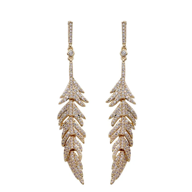 Jewelblings Glitter CZ Long Feather Drop Earrings
