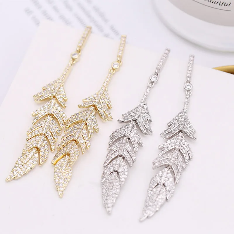 Jewelblings Glitter CZ Long Feather Drop Earrings