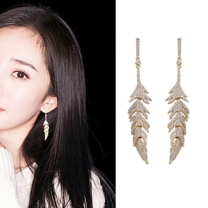 Jewelblings Glitter CZ Long Feather Drop Earrings