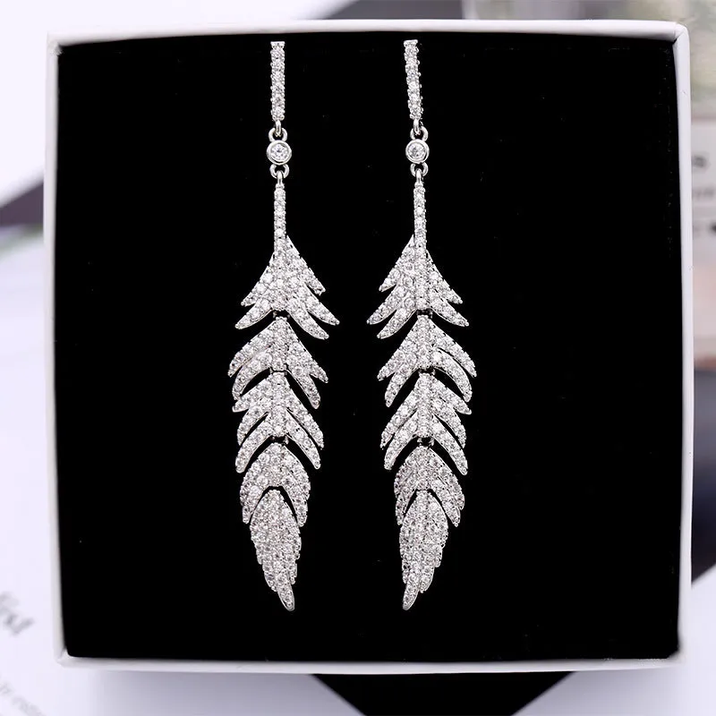 Jewelblings Glitter CZ Long Feather Drop Earrings