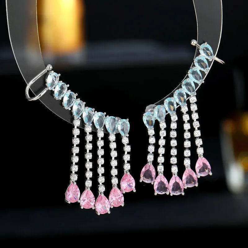 Jewelblings Modern Fashion Pear Stone Accent Ear Cuff and Pierced Tassel Earrings