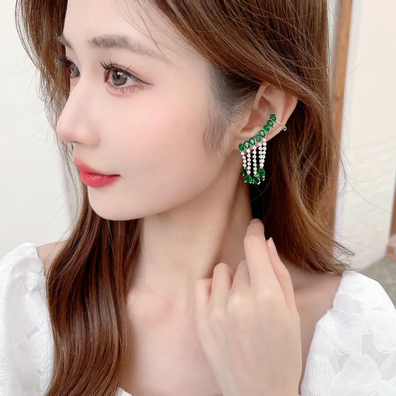 Jewelblings Modern Fashion Pear Stone Accent Ear Cuff and Pierced Tassel Earrings