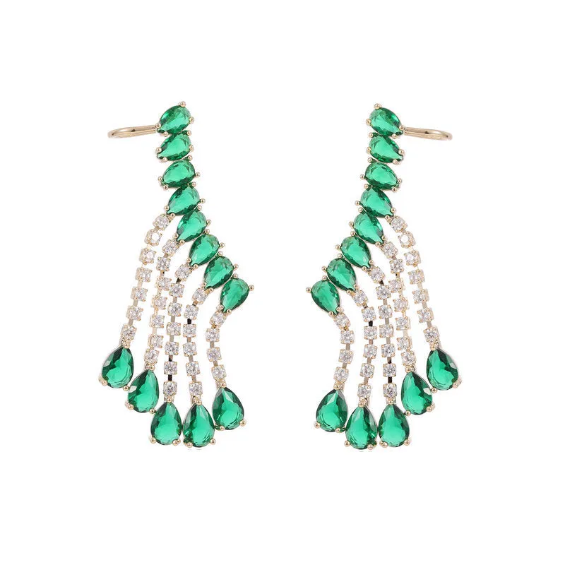 Jewelblings Modern Fashion Pear Stone Accent Ear Cuff and Pierced Tassel Earrings