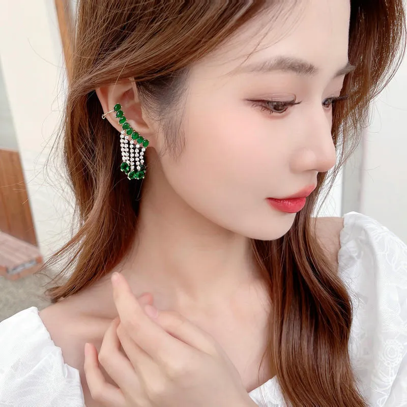 Jewelblings Modern Fashion Pear Stone Accent Ear Cuff and Pierced Tassel Earrings