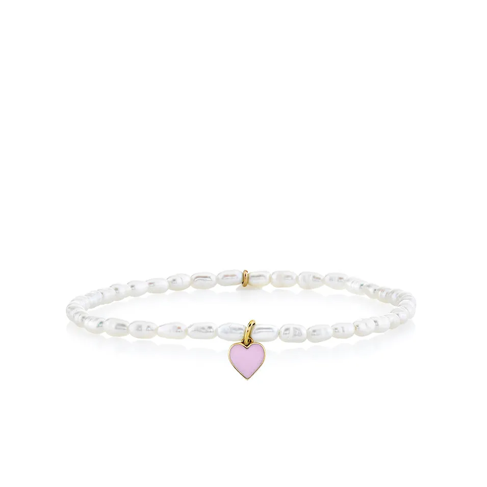Kids Collection Gold & Enamel Heart on White Rice Pearl