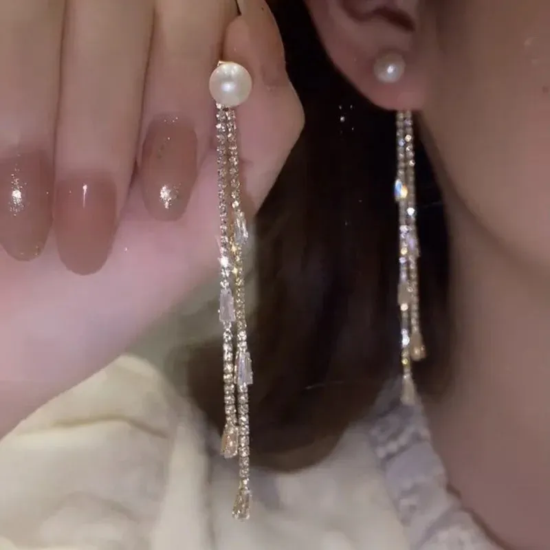 Korean Long Tassel Pearl Dangle Earrings for Women Luxury Full Rhinestone Gold Color Drop Earrings Wedding Party Jewelry Gift