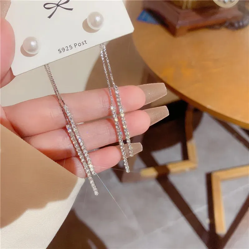 Korean Long Tassel Pearl Dangle Earrings for Women Luxury Full Rhinestone Gold Color Drop Earrings Wedding Party Jewelry Gift