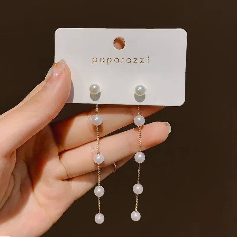 Korean Long Tassel Pearl Dangle Earrings for Women Luxury Full Rhinestone Gold Color Drop Earrings Wedding Party Jewelry Gift