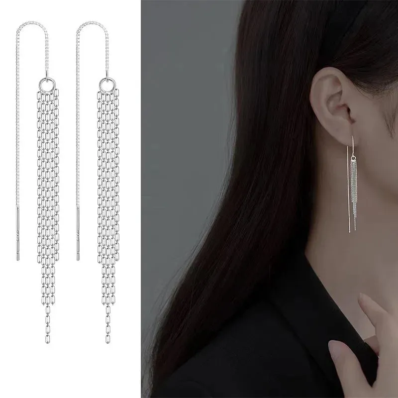 Korean Long Tassel Pearl Dangle Earrings for Women Luxury Full Rhinestone Gold Color Drop Earrings Wedding Party Jewelry Gift