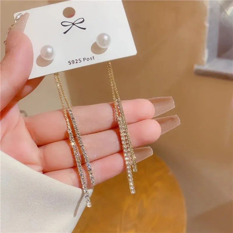 Korean Long Tassel Pearl Dangle Earrings for Women Luxury Full Rhinestone Gold Color Drop Earrings Wedding Party Jewelry Gift