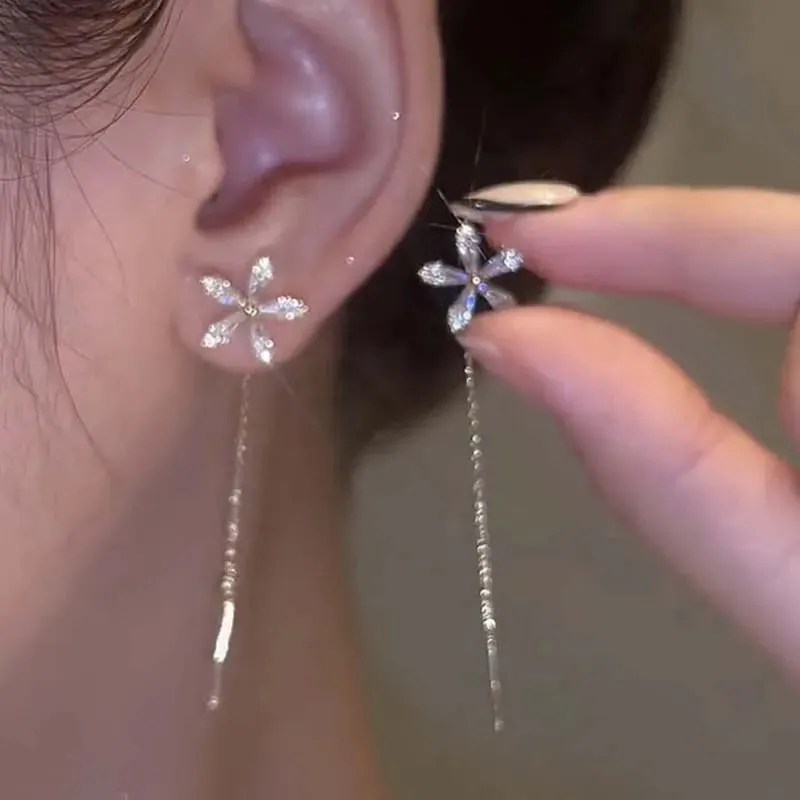 Korean Long Tassel Pearl Dangle Earrings for Women Luxury Full Rhinestone Gold Color Drop Earrings Wedding Party Jewelry Gift