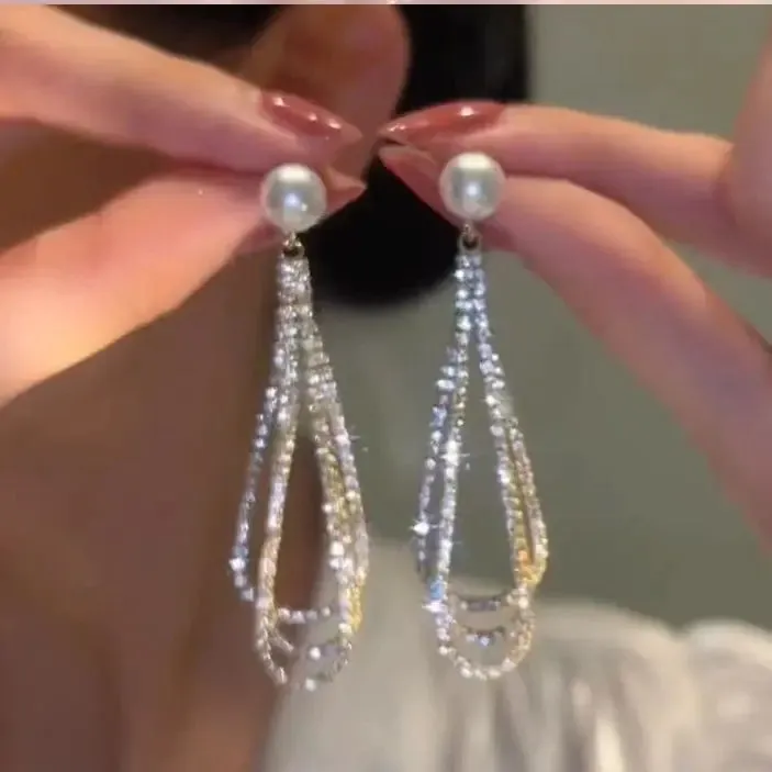 Korean Long Tassel Pearl Dangle Earrings for Women Luxury Full Rhinestone Gold Color Drop Earrings Wedding Party Jewelry Gift
