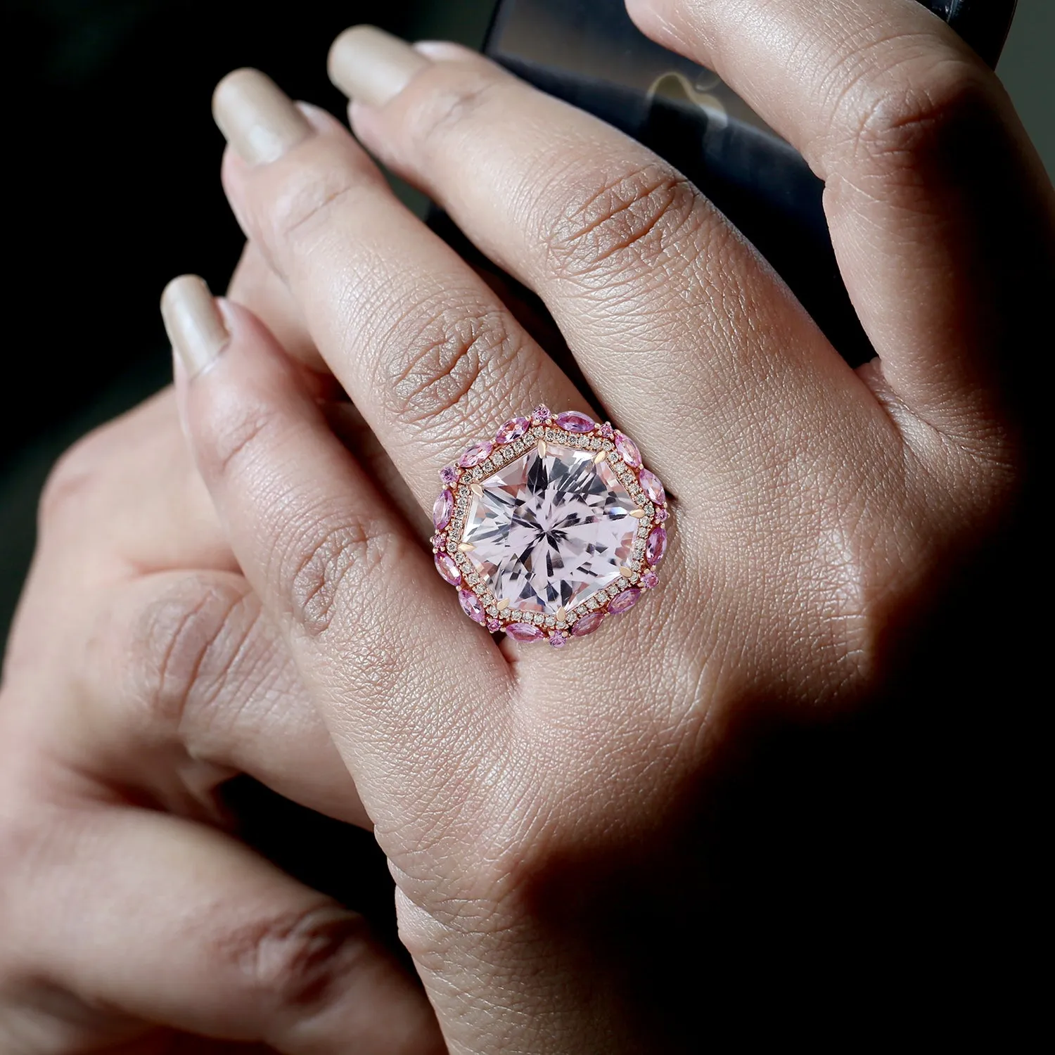 Kunzite Sapphire Diamond 18k Rose Gold Cocktail Ring For Women