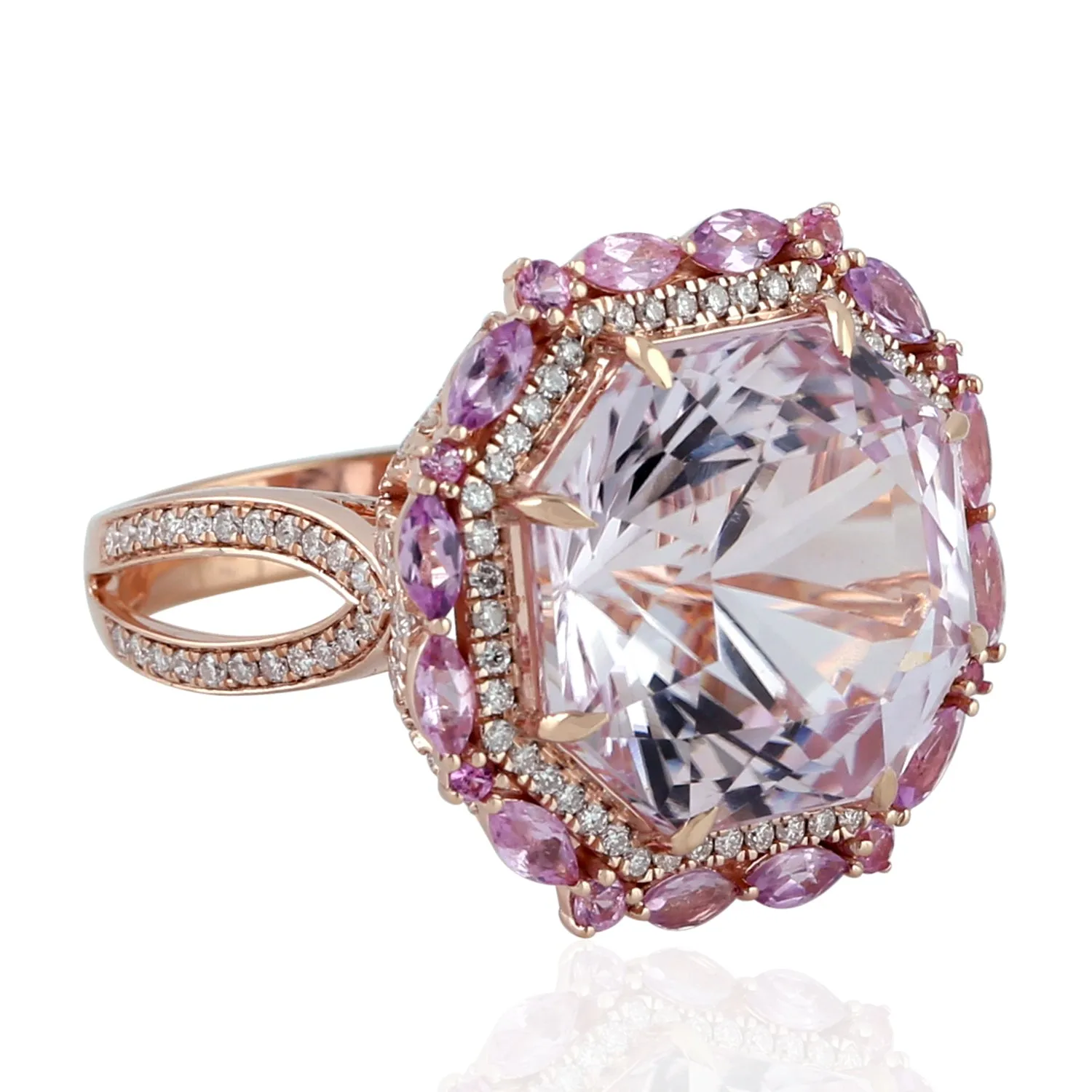 Kunzite Sapphire Diamond 18k Rose Gold Cocktail Ring For Women