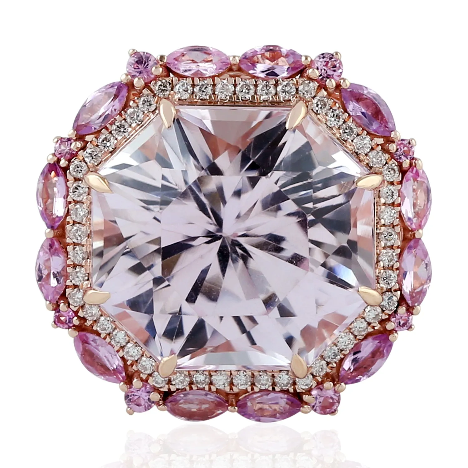 Kunzite Sapphire Diamond 18k Rose Gold Cocktail Ring For Women