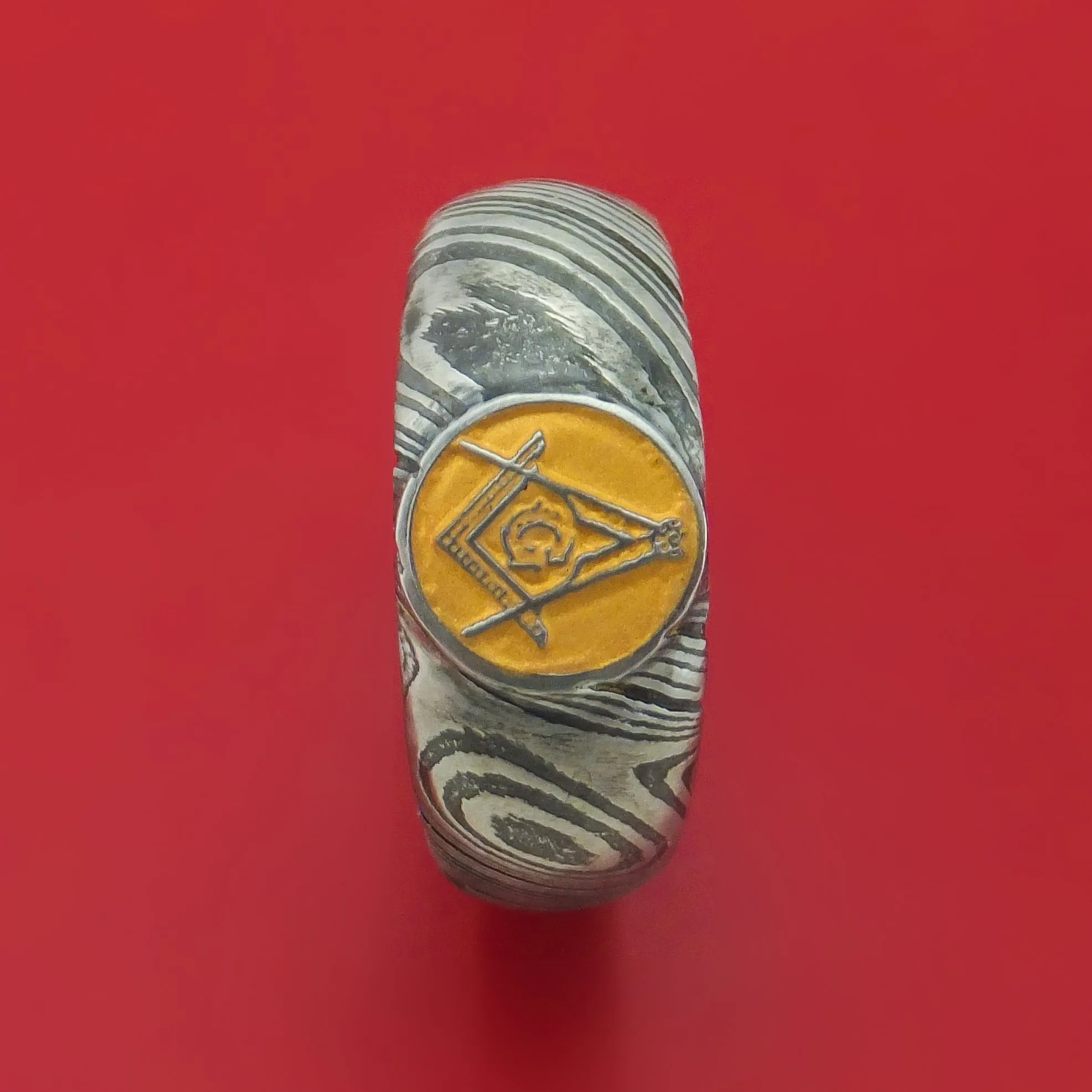 Kuro Damascus Steel Masonic Emblem Signet Ring with Cerakote Custom Made Band