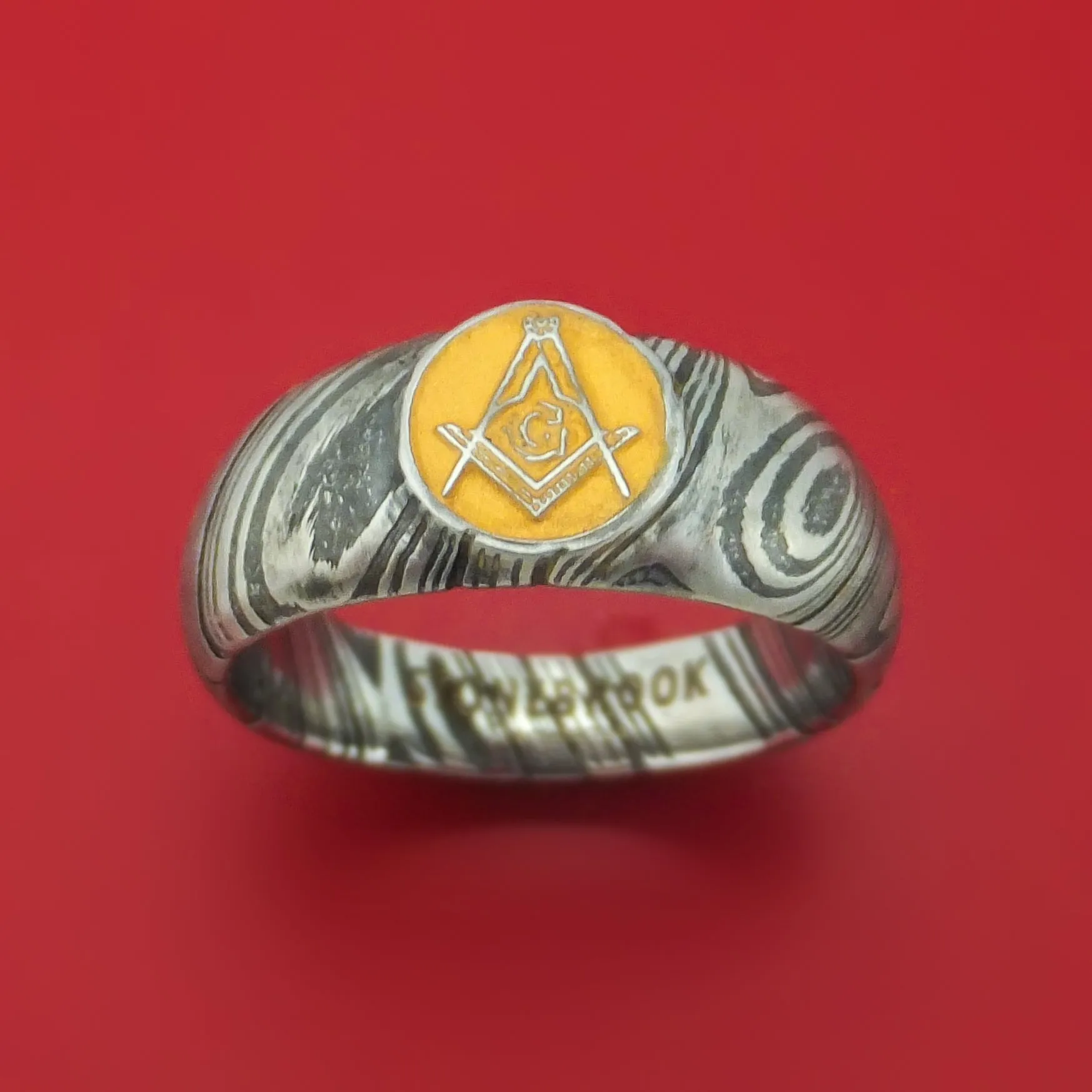Kuro Damascus Steel Masonic Emblem Signet Ring with Cerakote Custom Made Band