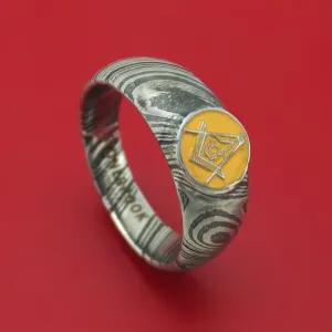 Kuro Damascus Steel Masonic Emblem Signet Ring with Cerakote Custom Made Band