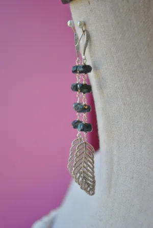 LABRADORITE AND RHINESTONES FEATHER LONG EARRINGS