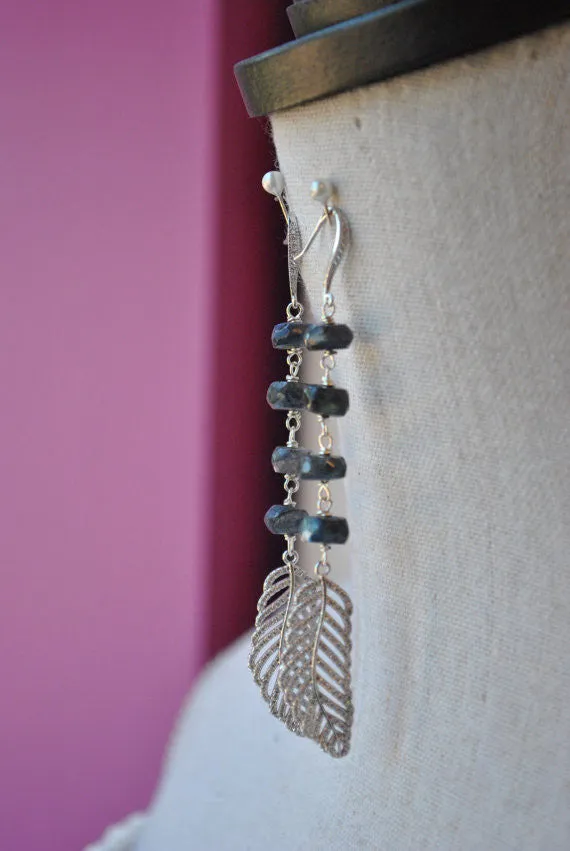 LABRADORITE AND RHINESTONES FEATHER LONG EARRINGS