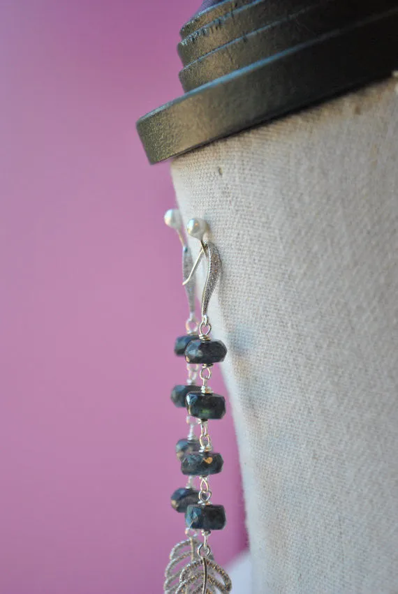 LABRADORITE AND RHINESTONES FEATHER LONG EARRINGS