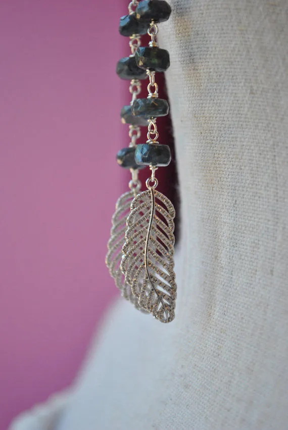 LABRADORITE AND RHINESTONES FEATHER LONG EARRINGS
