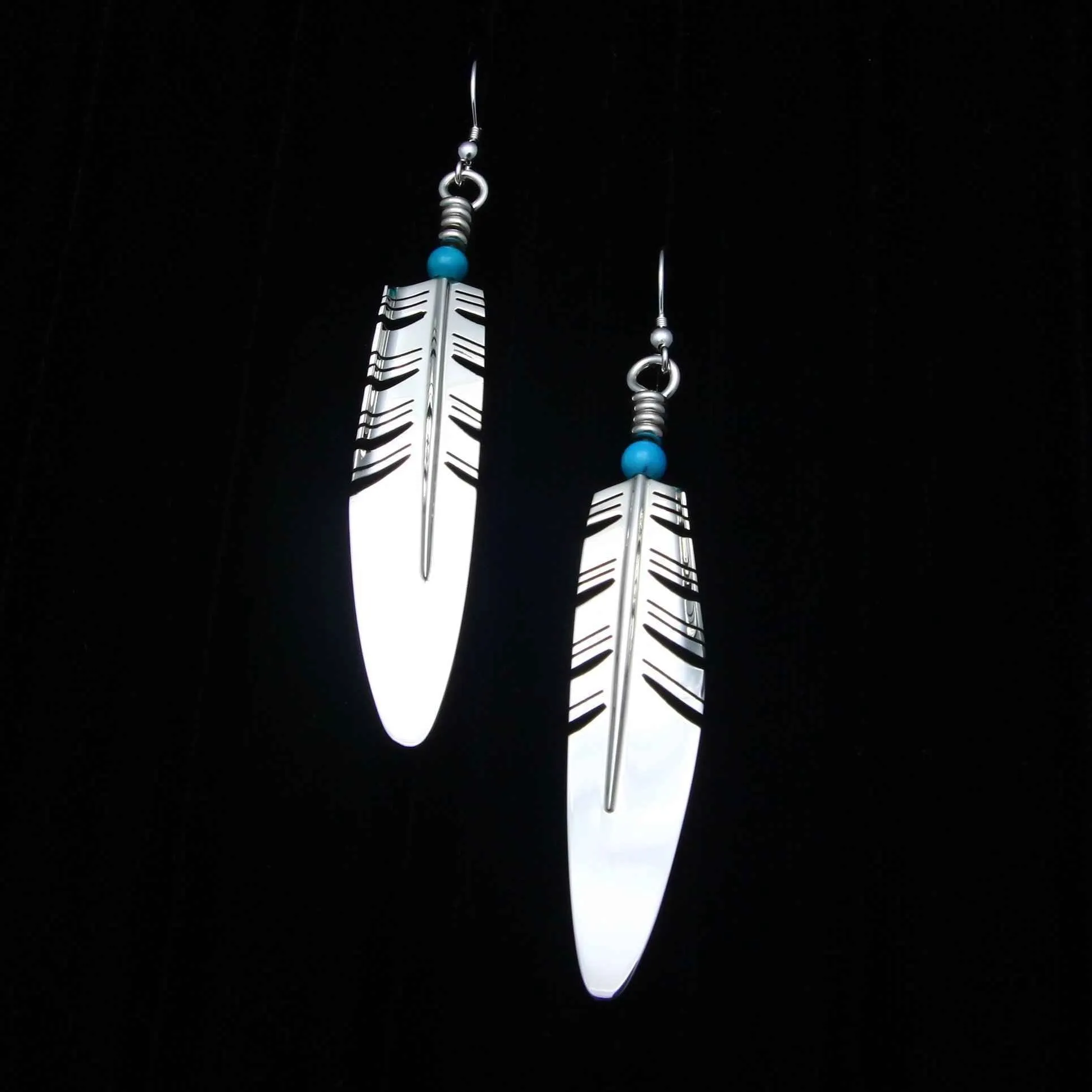 Large Feather Earrings with Turquoise Bead