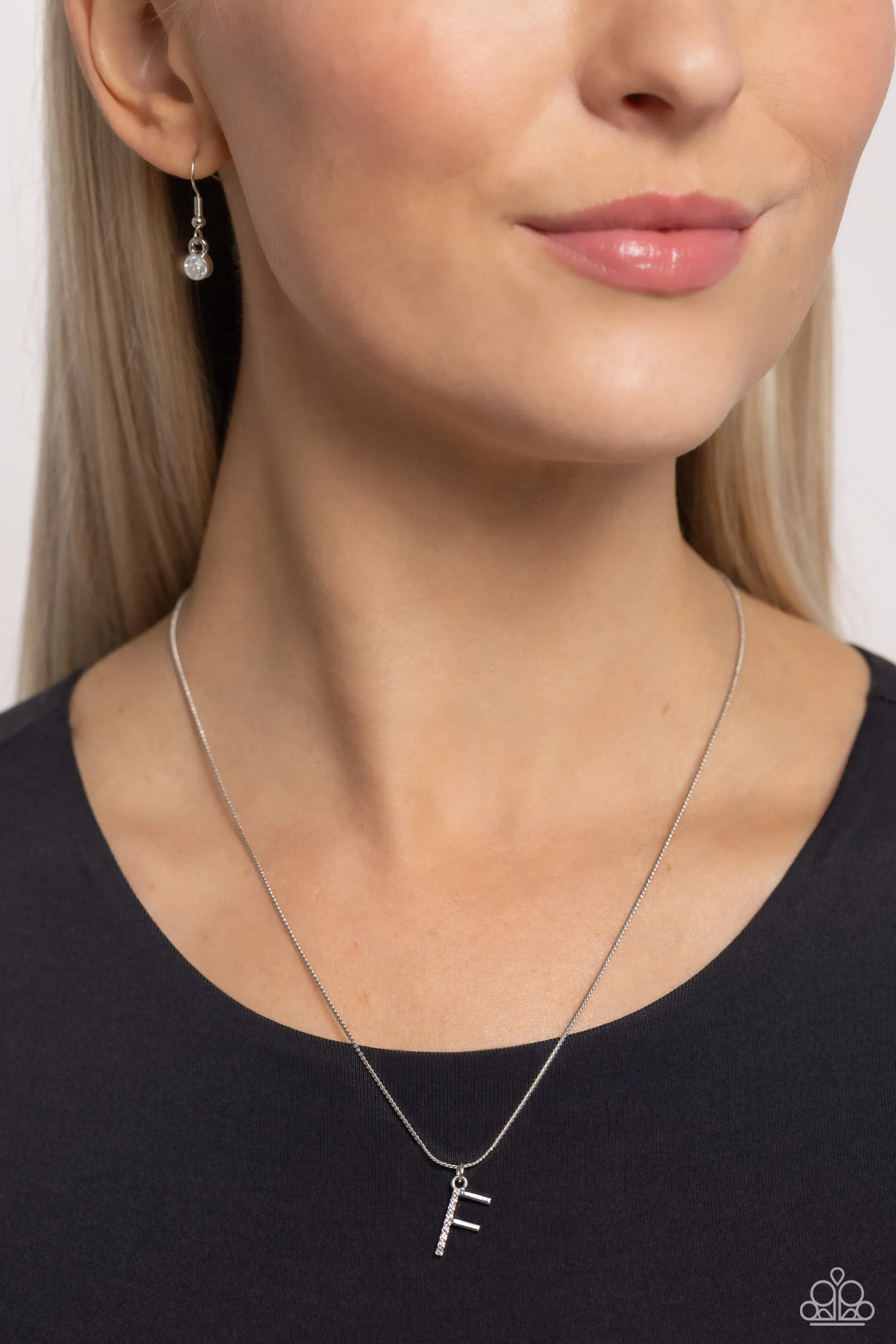 Letter of the Law - F - White Rhinestone Silver Initial Paparazzi Short Necklace