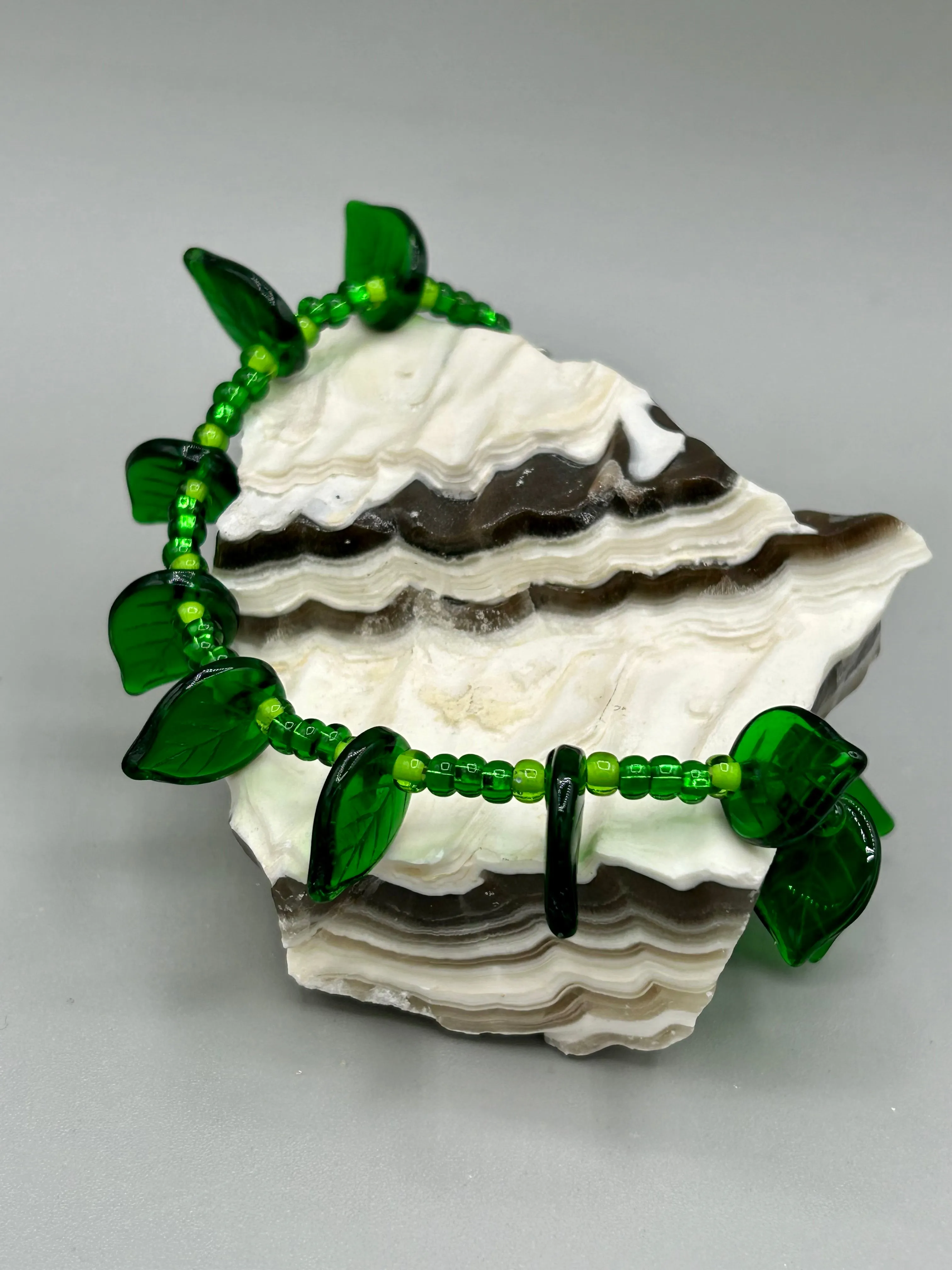 Light And Dark Green Glass Leaf Beaded Anklet And Earrings, Nature Inspired, Summer Jewelry