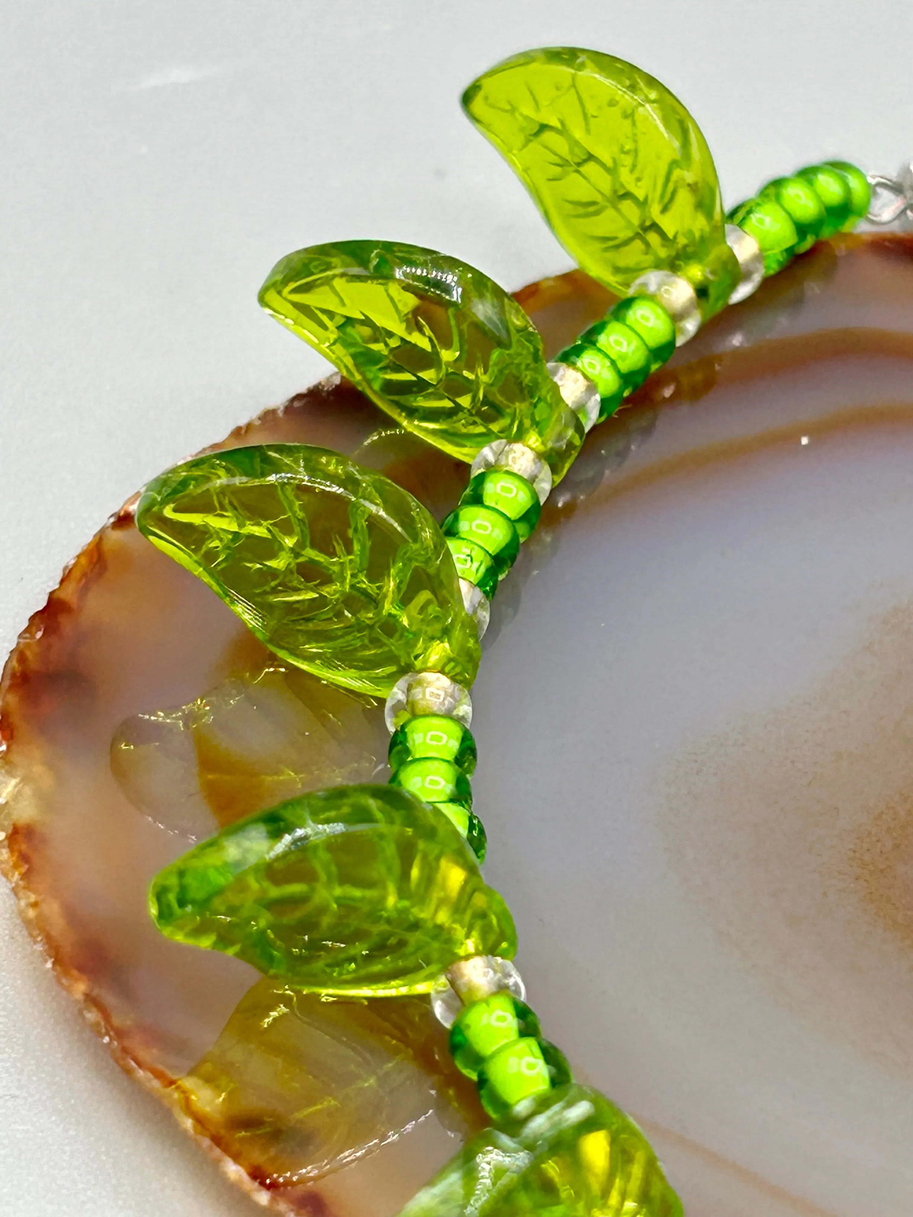 Light And Dark Green Glass Leaf Beaded Anklet And Earrings, Nature Inspired, Summer Jewelry