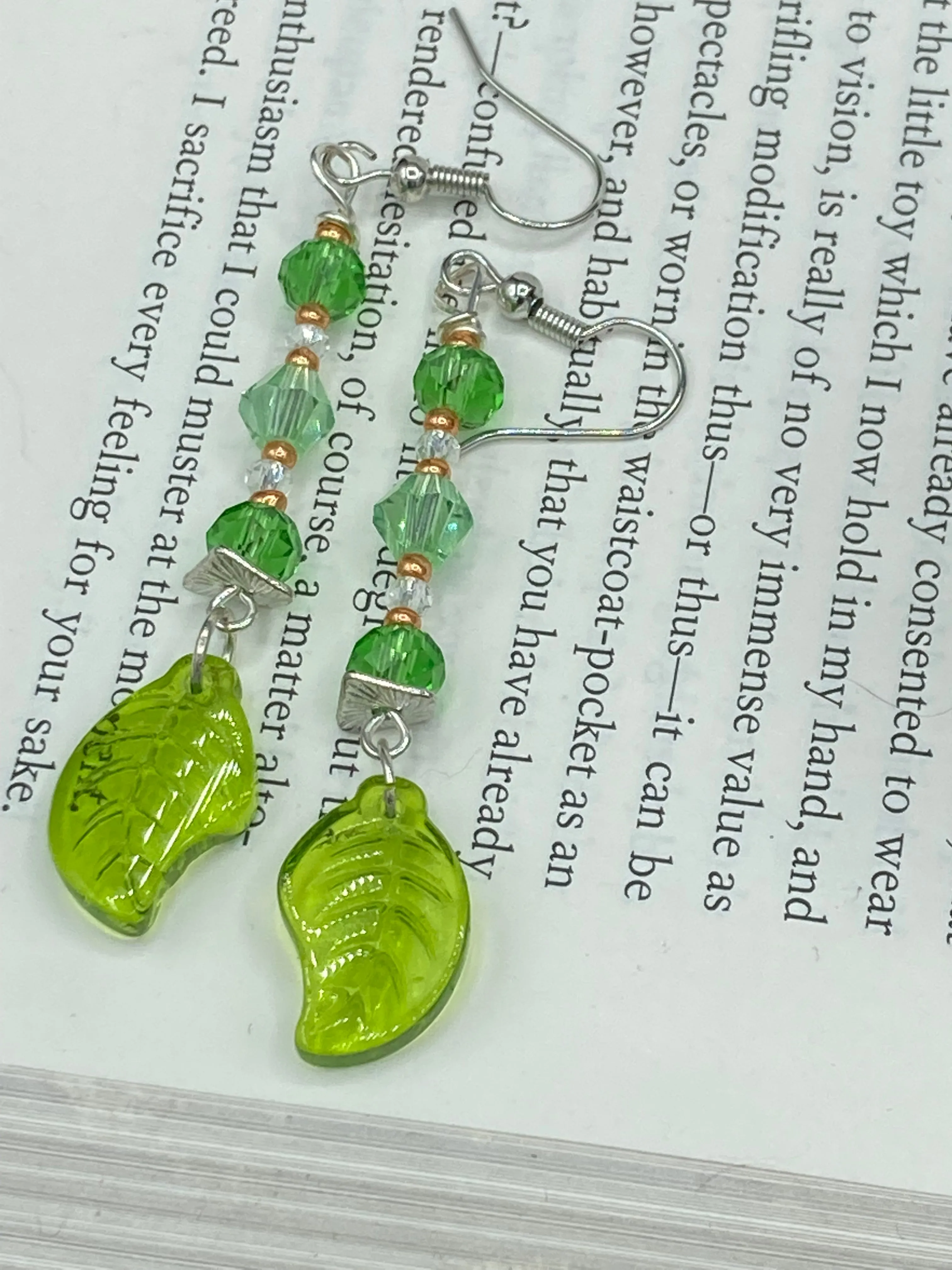 Light And Dark Green Glass Leaf Beaded Anklet And Earrings, Nature Inspired, Summer Jewelry