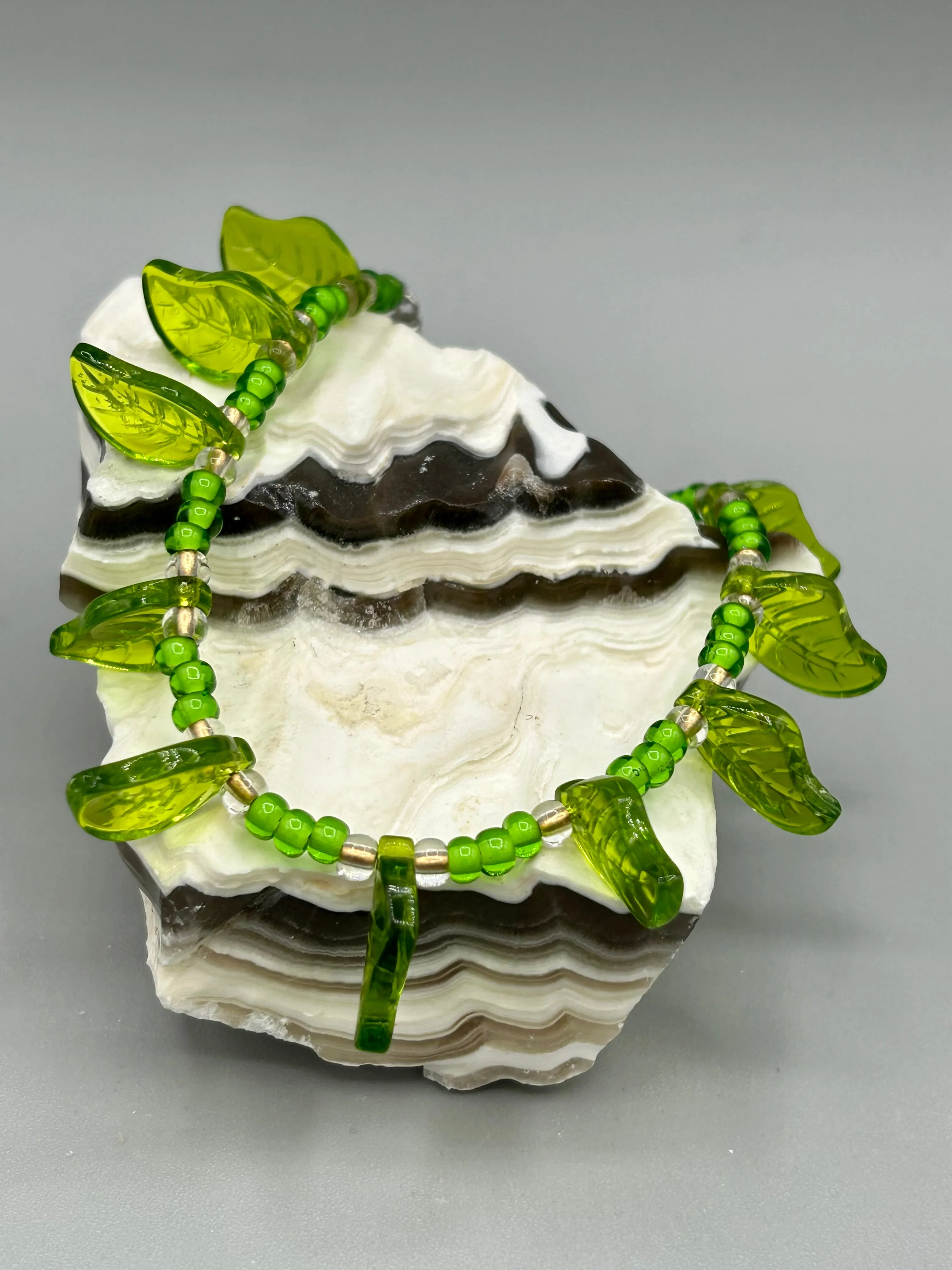 Light And Dark Green Glass Leaf Beaded Anklet And Earrings, Nature Inspired, Summer Jewelry
