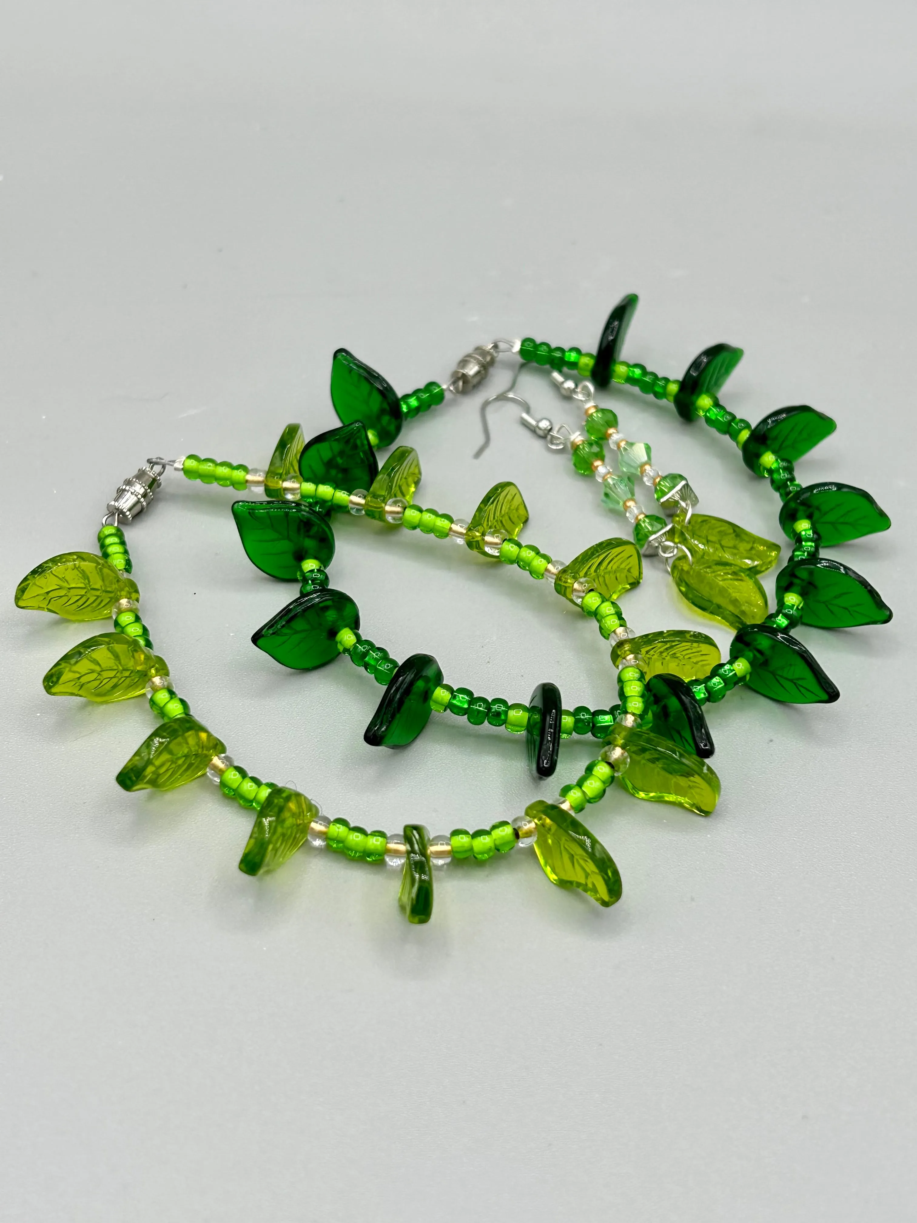 Light And Dark Green Glass Leaf Beaded Anklet And Earrings, Nature Inspired, Summer Jewelry